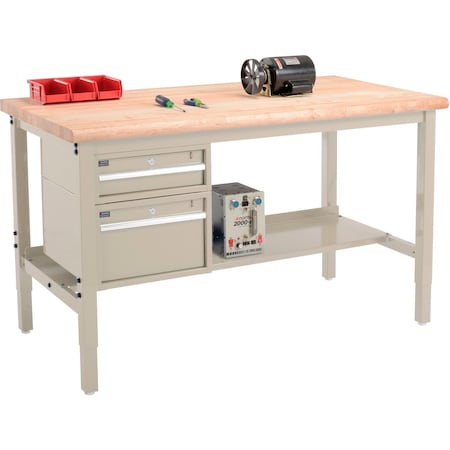 Global Industrial 60inW x 30inD Production Workbench, Maple Safety Edge, Drawers & Shelf, Tan 319230TN